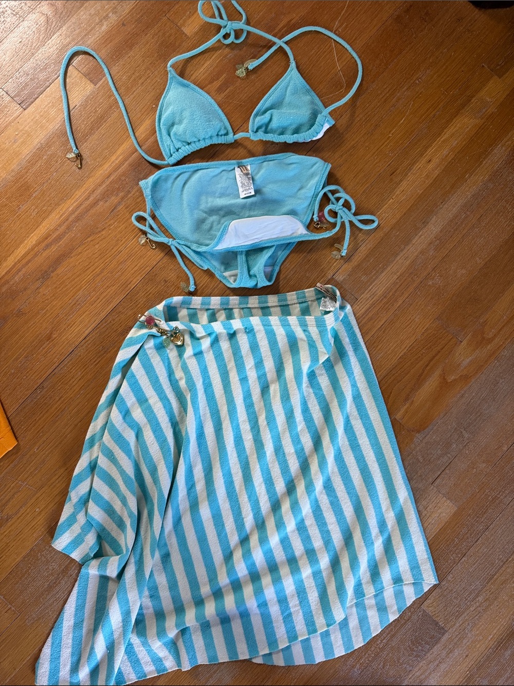 Juicy Couture Aqua Blue Triangle Bikini with Striped Cover-Up M